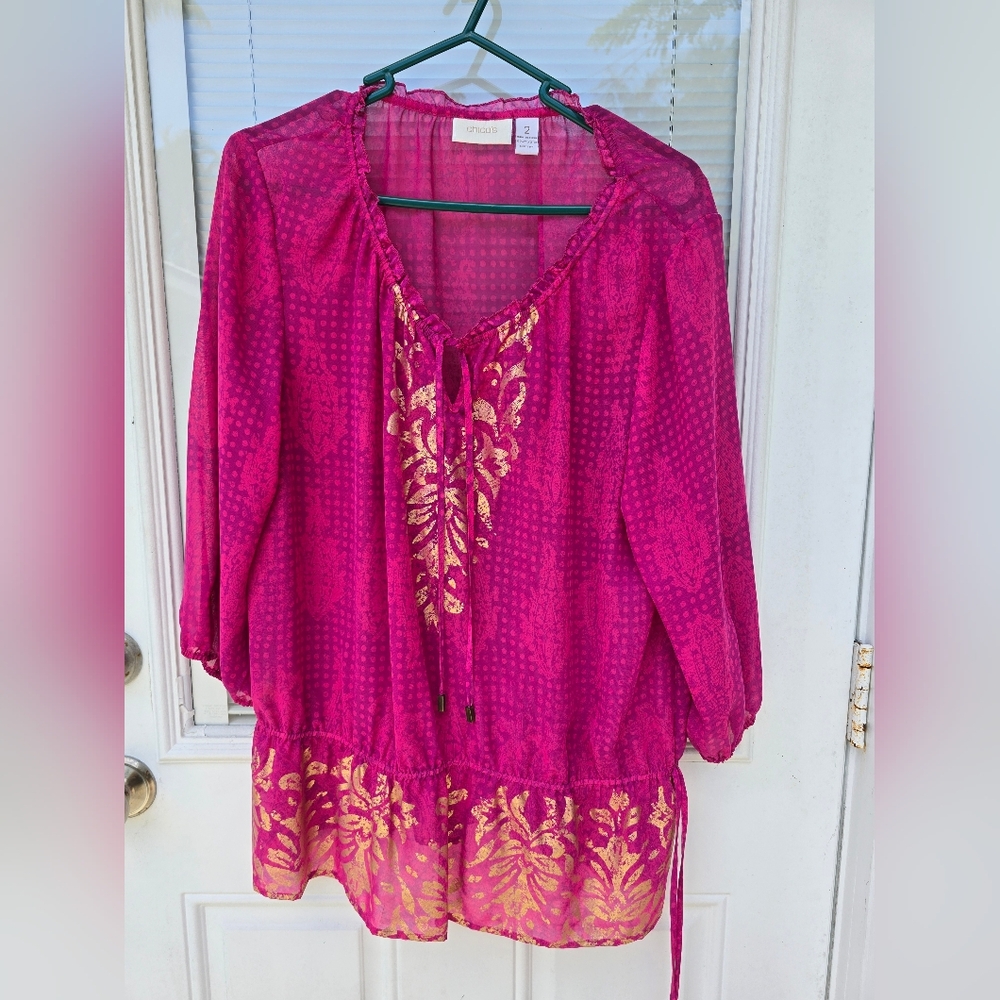 Chico's Vibrant Pink and Gold Blouse